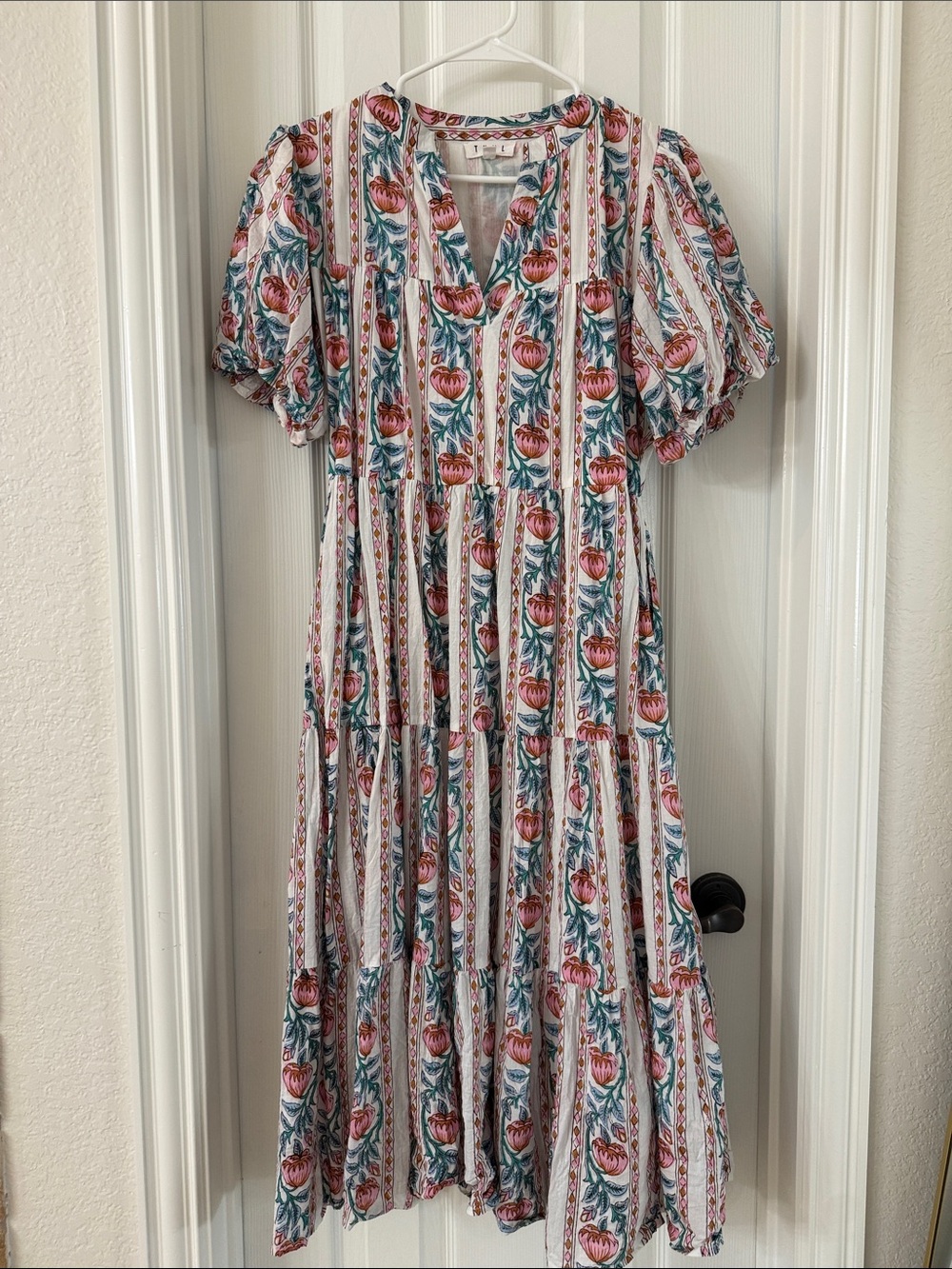 THML White Midi Dress with Pink Floral Stripe